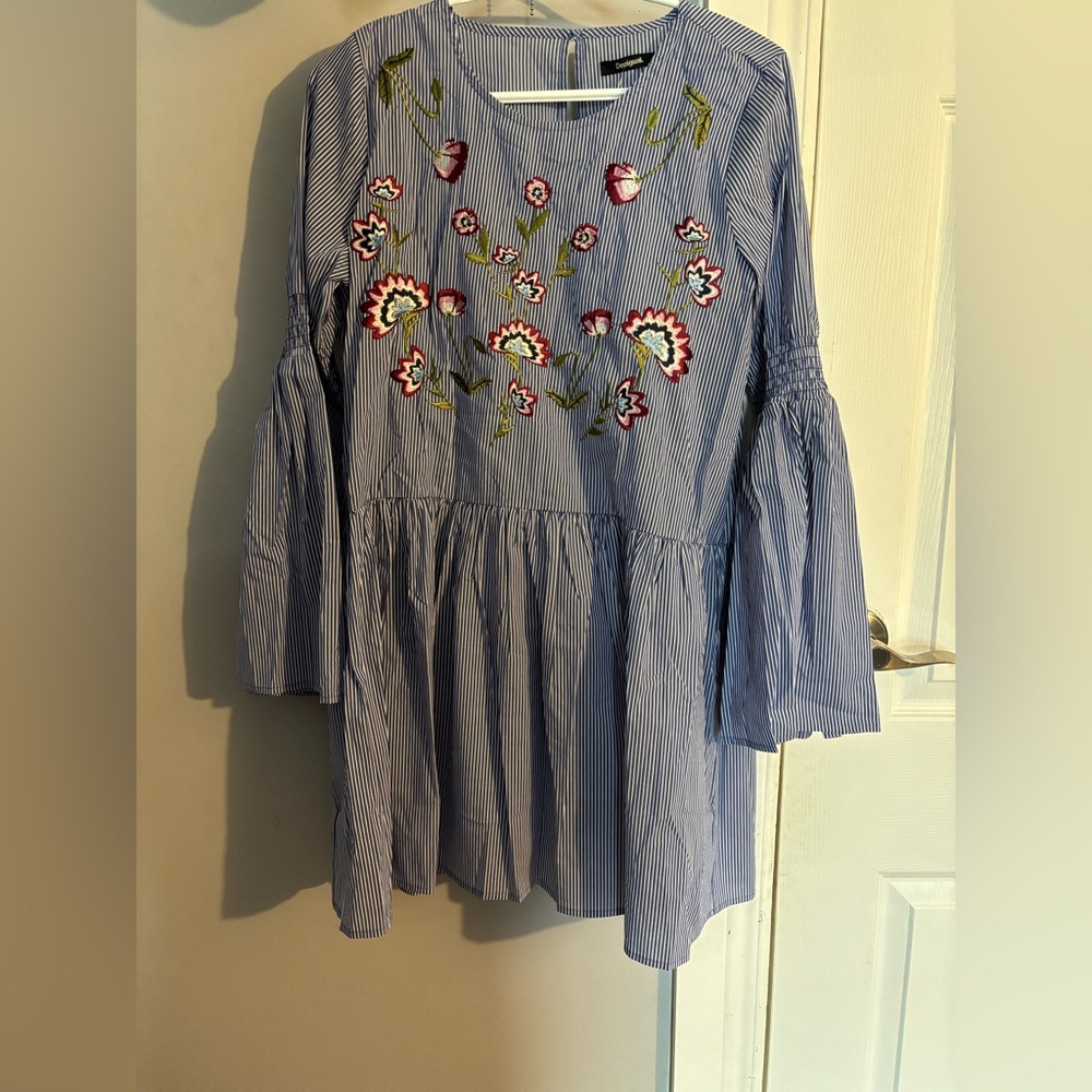 Blue Striped Dress with Floral Embroidery